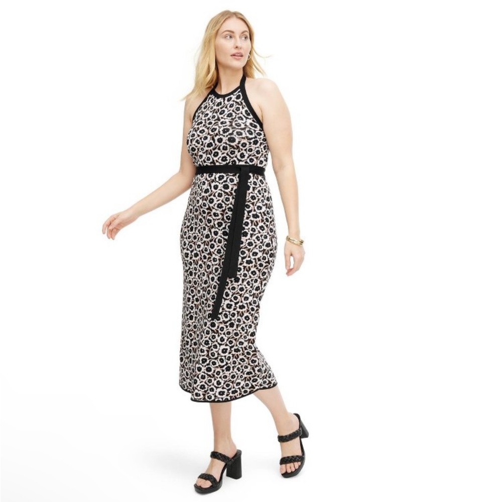 Women's Halter Tie Neck Neutral Poppy Sweaterknit Midi Dress DVF Medium